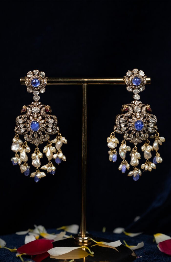 Victorian Blue White Pearls Polki Earrings