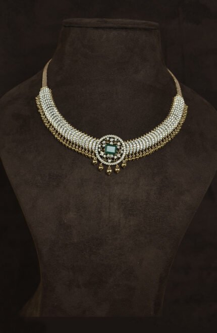 Gold Diamond Necklace With Color Stone