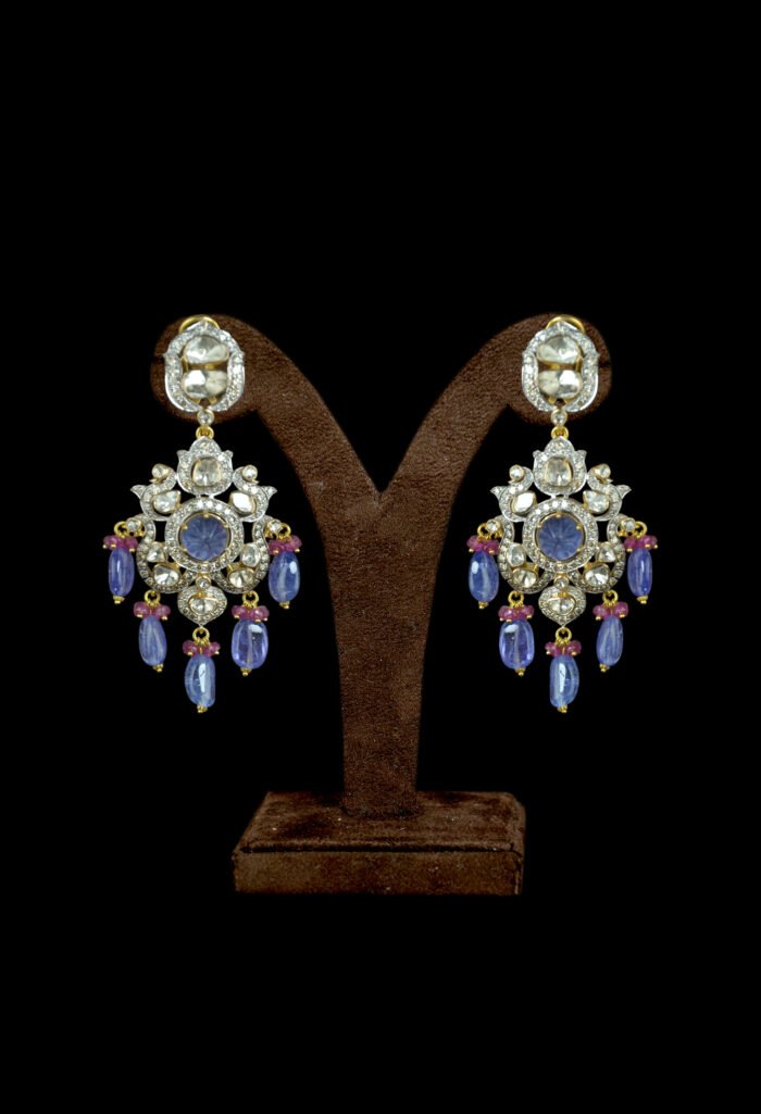 Gold Plated Kundan Blue Pearled Chandbali Earrings