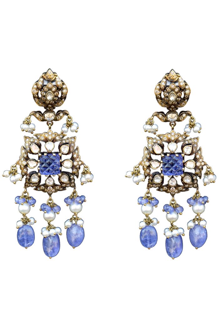 Gold Plated Victorian Blue Pearled Earrings